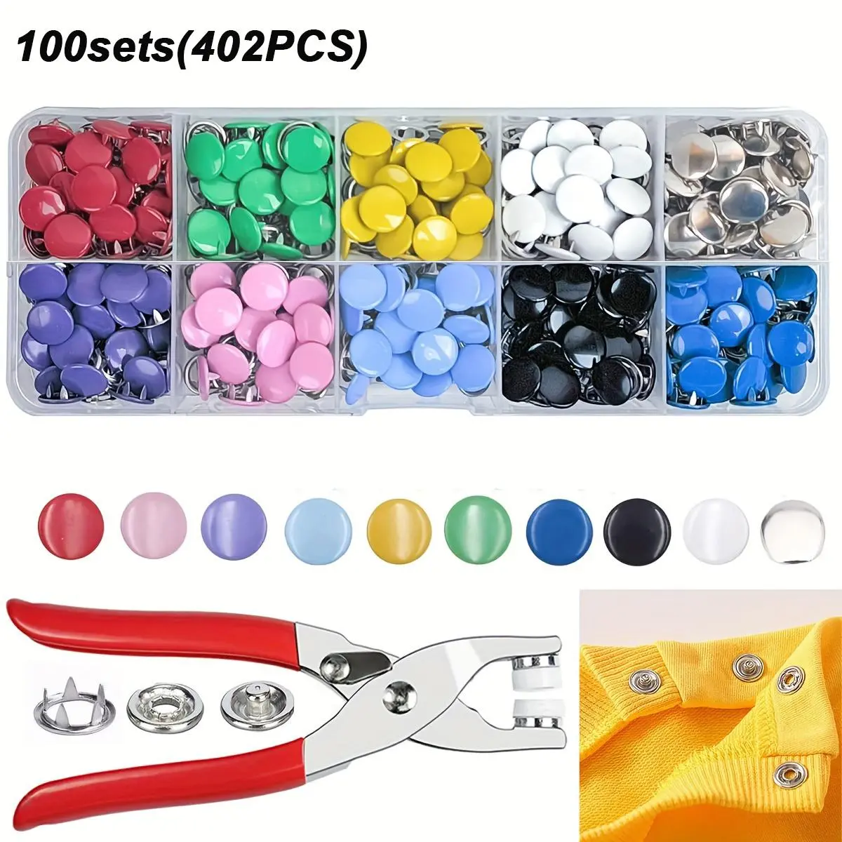 Colorful Metal Button Kit, 402-Piece Set Including 100 Sets Buttons, 1 Pair Pliers and 1 Storage Box, DIY Clothes Accessories for Sewing, Hat, Bag and Crafts