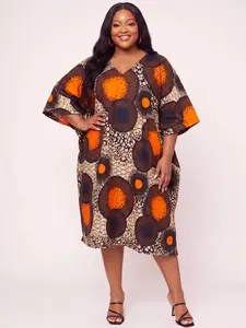 Ankara Midi Dress Plus Size Orange African Print Kaftan Dress V Neck Open Back Short Sleeve Bold Circle Print Women Casual Occasion Dress