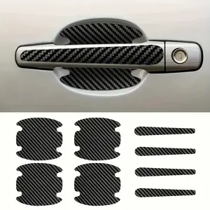8PCS Carbon Fiber Car Door Handle Bowl Protective Film, Universal Anti-Collision Protect Strips, External Decorative Stickers, Scratch-Resistant