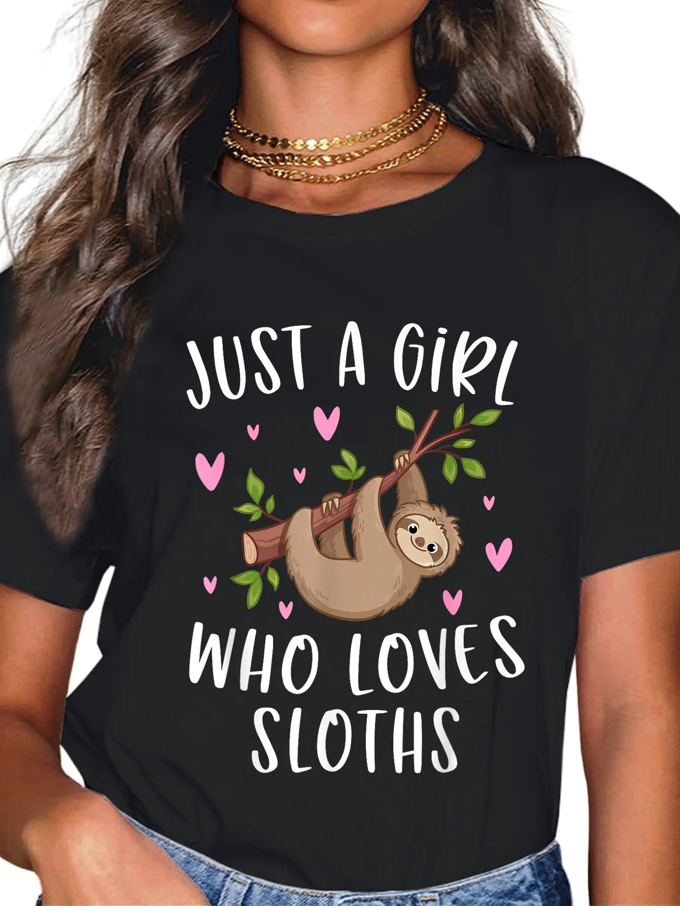 Women's 100% Cotton Casual Sloth Theme T-Shirt - Crew Neck, Short Sleeve, Everyday Wear, Playful "Just A Girl Who Loves Sloths" Print, Whimsical Look, Vintage Casual Fit, Graphic
