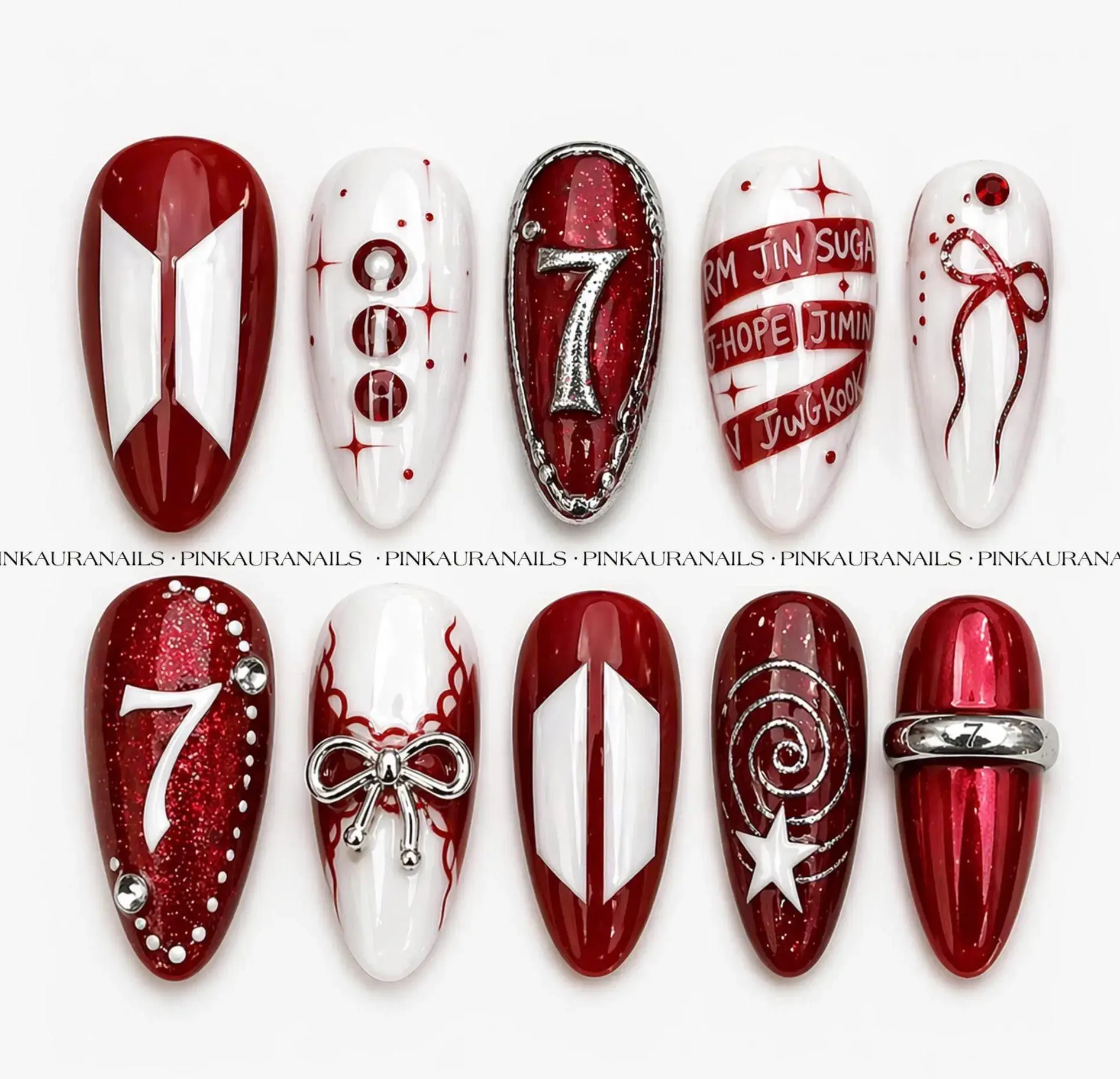 Red Chrome Press On Nails, Kpop Style, Glitter, 3D Bow, Rhinestone Set