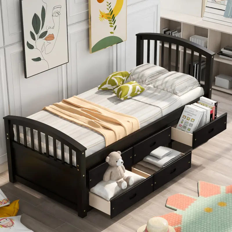 Twin Captains Bed with Storage, Solid Wood Platform Bed with 6 Drawers and Slats, No Box Spring Needed (Twin size)