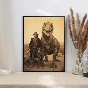 1 Count Vintage Wild West Dinosaur & Cowboy Wall Art - Gothic Jurassic Poster, Perfect for Living Room, Bedroom, Office Decor - Unique Gift Idea No frame