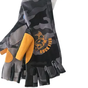 Rock Fish Fishing Gloves with Camouflage Design and Yellow Accents for Fishing Enthusiasts