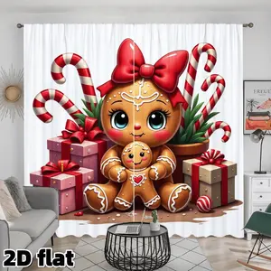 2D Flat 2Pcs Christmas Gingerbread Cookie Pattern Curtains, Candy Cane Red Bow Design, Rod Pocket Style, Semi Sunshade Polyester Fiber, Suitable for Living Room Bedroom Kitchen Study Window Decoration, Holiday Gift, Anti Privacy