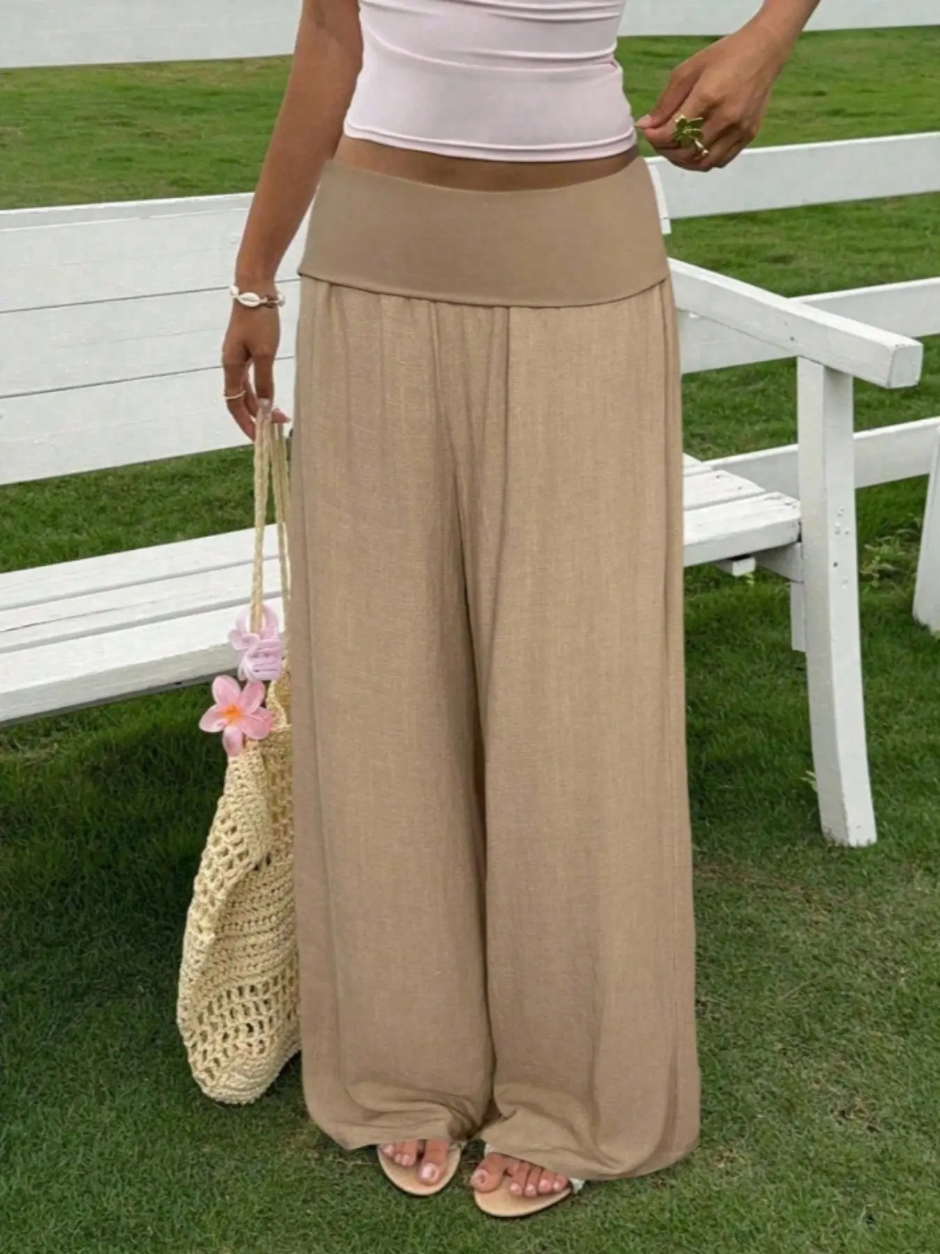 Solid Fold Over Crossover Waist Textured Blend Wide Leg Pants, Loose Baggy Palazzo Trousers, Flowy, Lightweight Breathable Wrinkle Proof Bottoms for Summer Beach Vacation OOTD, Y2K Daily Casual Holiday Outfit, High Waist Drapey Trendy Women's Bottoms