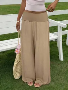 Women's Linen Fold Over Waist Wide Leg Pants, High Waist Loose Palazzo Trousers, Casual Summer Vacation Beachwear, Boho Flowy Linen Streetwear Pants