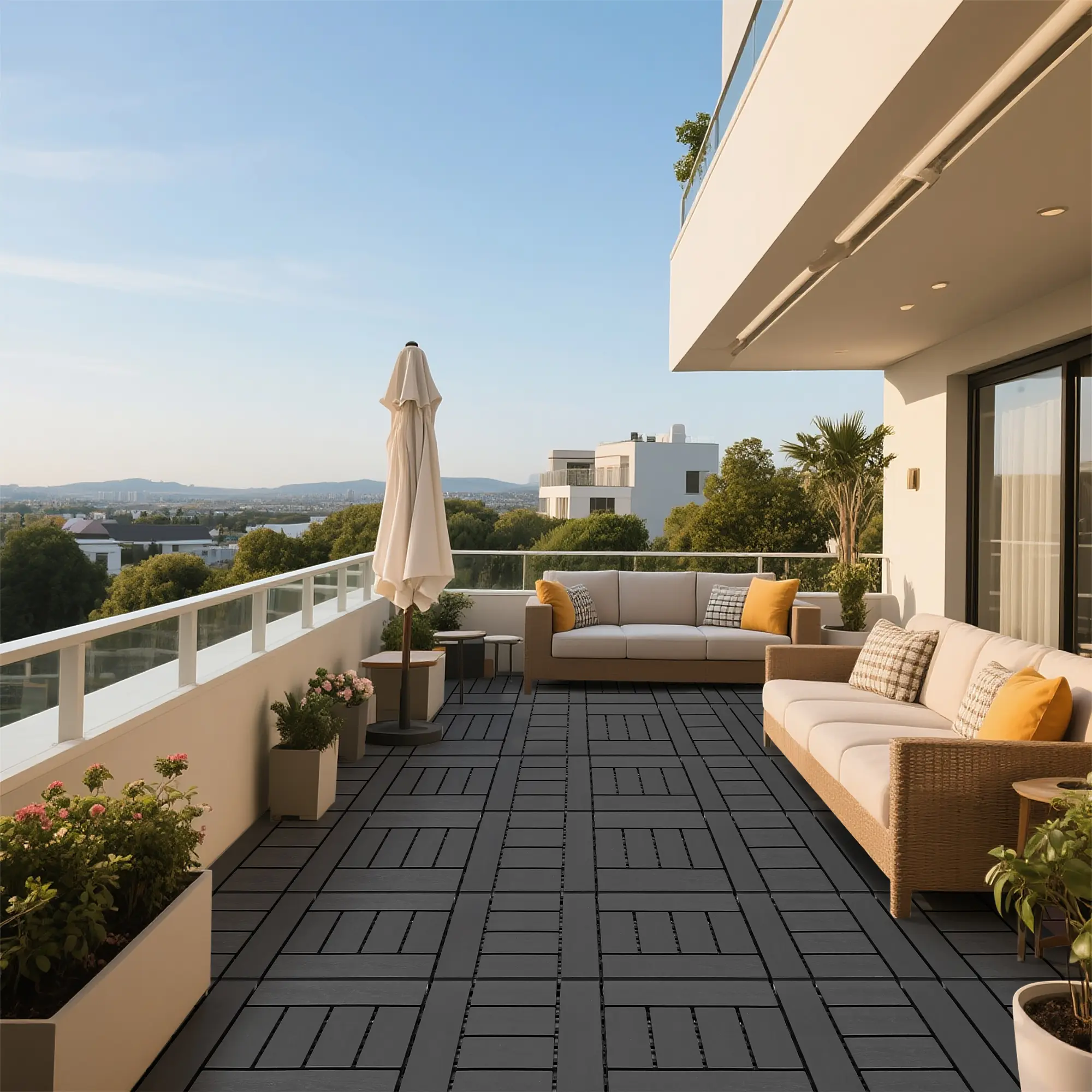 Dark Grey 12"x12" Square Interlocking WPC Foam Marble Frameless Tiles, 44-Pack Durable Reinforced Waterproof All-Weather Flooring with Easy Snap-Together Installation, Versatile for Indoor & Outdoor Patio Use, Versatile For Indoor & Outdoor Flooring, Deck