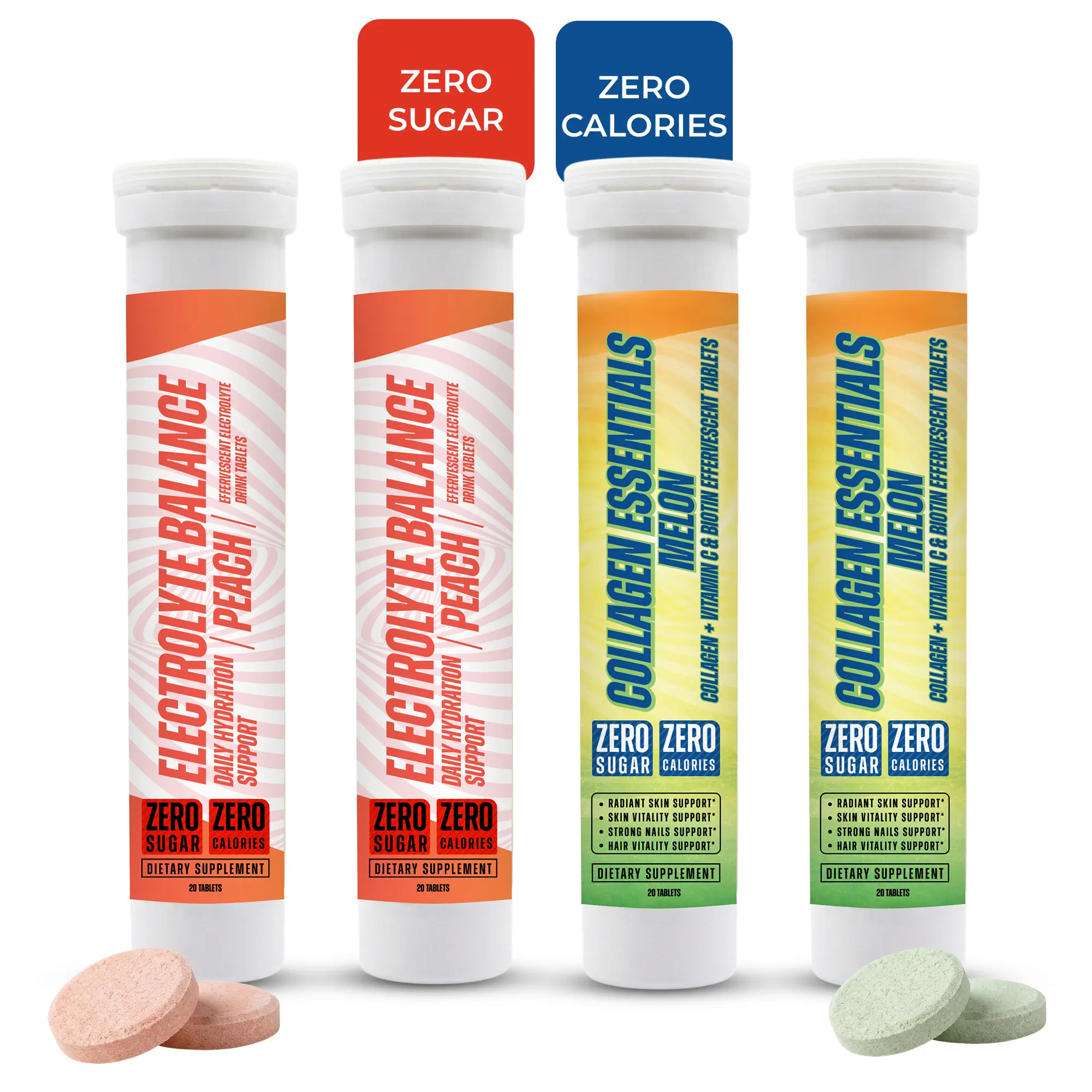 Collagen Peptides Effervescent Tablets with Vitamin C, Hydration Electrolytes Drink, Skin Hair Nail Support, Peach and Melon Combo, Zero Sugar, 60 Tablets
