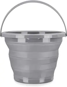Collapsible Bucket with Handle - 1.3 Gallon (5L) Portable Pail for Camping, Beach, Gardening, Fishing, Water, Washing - Gray