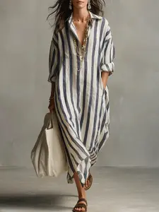 European And American Fashion Loose Long Striped Summer Trendy Nine-Quarter Sleeve Women's Shirt Dress