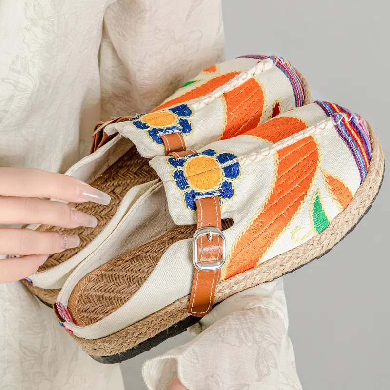 Espadrille Shoes for Women, Bohemian Embroidered Canvas Mules, Breathable Flat Backless Slip-On Footwear for Casual Daily Wear, Shoe