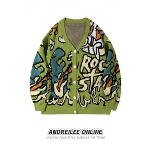 Unisex Casual Loose Fit V-Neck Knitted Sweater With Dinosaur Cartoon Letters Print, Suitable For Spring, Autumn And Winter Cute Knitwear