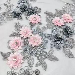Gray Pink 3D Applique (11” x 14”) Beaded with Rhinestones Embroidered Lace Flowers, Dance Costume, Ballet, Couture Gowns Garments Kids Dress