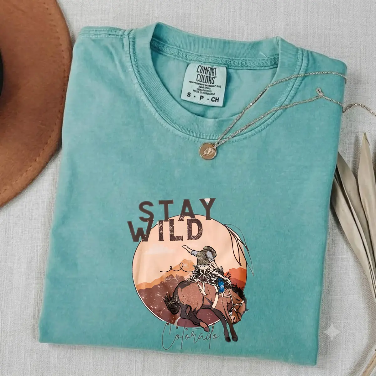 Stay Wild Colorado T-Shirt Comfort Colors Seafoam Green Shirt Vintage Western Cowboy Rodeo Graphic Tee Country Music Outfit Bronc Rider Shirt Western Aesthetic Apparel Boho Desert Vacation Clothes Women Gift
