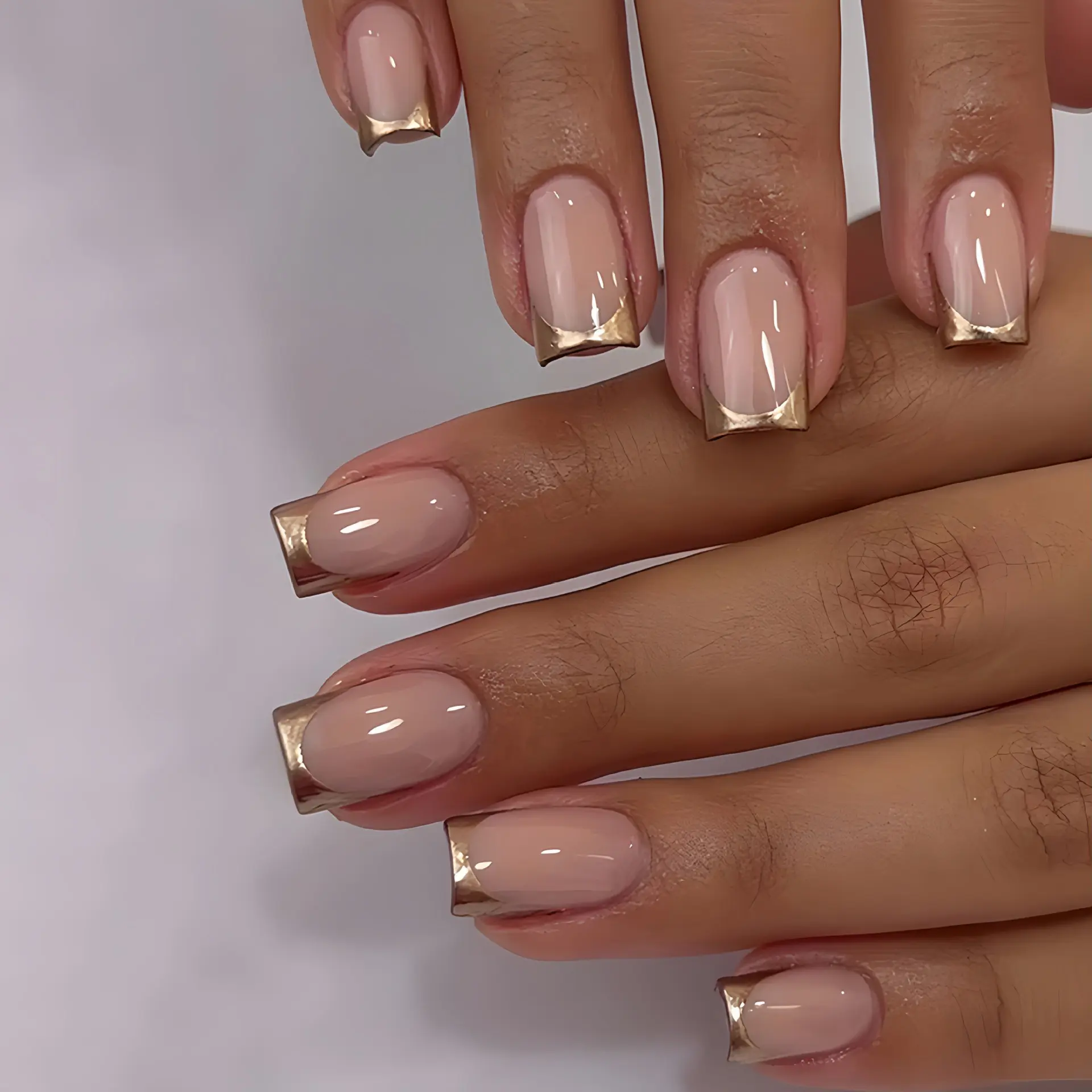 24pcs New Square European Minimalist Nude Gold Frame Press-On Nails, Decorative Nails, Square Shape, Classic French Metal Style, Glossy Finish, Easy DIY Manicure Kit, Diy Nail Art, Diy Fake Nails