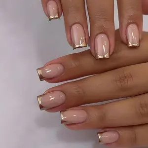 24pcs New Square European Minimalist Nude Gold Frame Press-On Nails, Square Shape, Classic French Metal Style, Glossy Finish, Easy DIY Manicure Kit