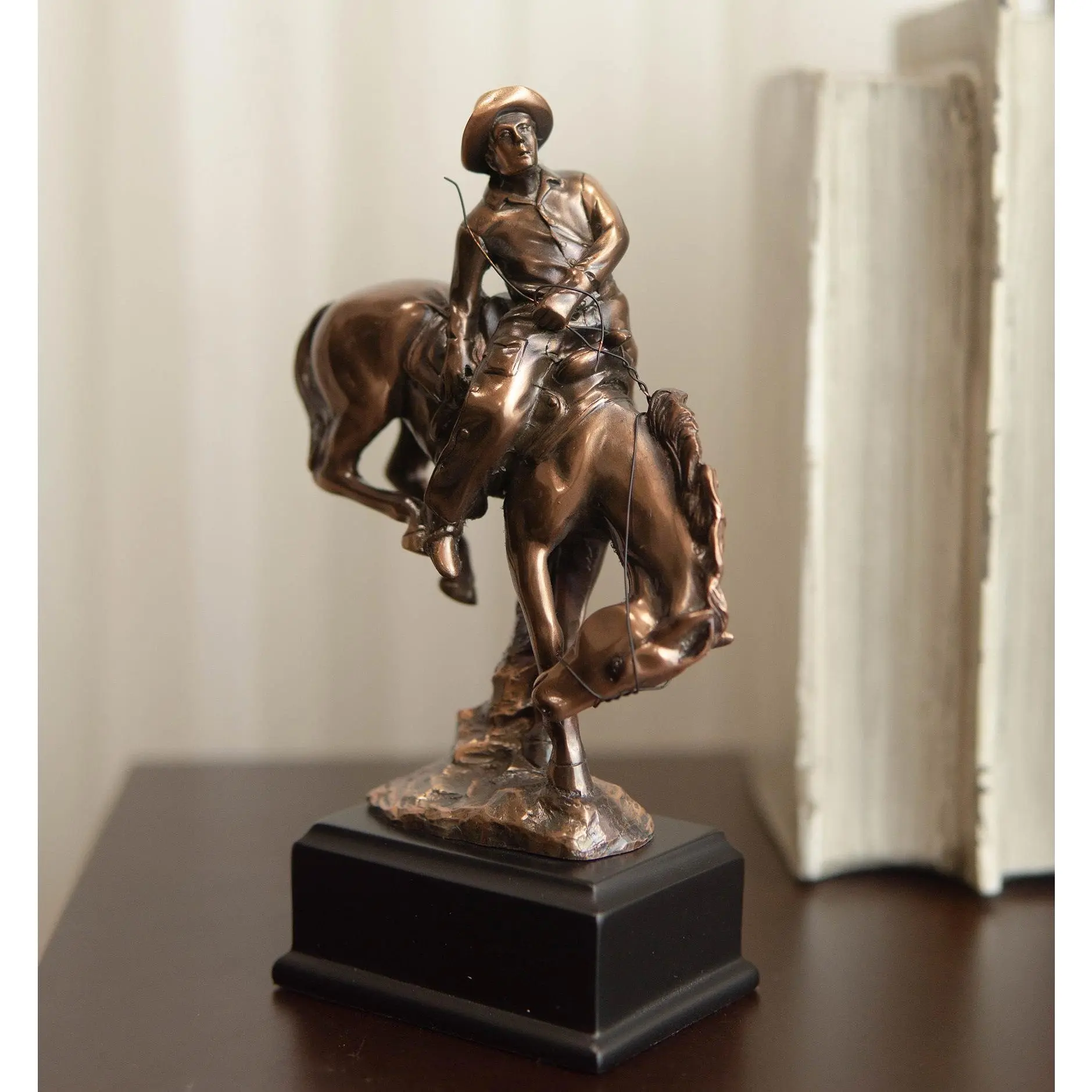 Rustic Western Rodeo Cowboy & Bucking Horse Bronze Electroplated Sculpture, Home Decor Figurine, Ideal Gift for Western Theme Enthusiasts, Plastic