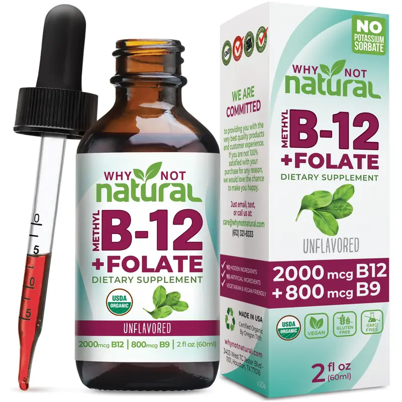 Why Not Natural Organic B12 + Folate Vitamin - 2 oz unflavored liquid with bioavailable methylcobalamin and folinic acid Supplement