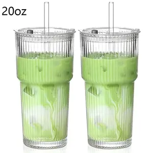 1/2counts Large Capacity Striped Hydration Tumbler with Lid, Reusable Glass Cup for Cold Drinks, Juice, Coffee, Beverage, Drinkware for Home, Office, Celebrations, Hand Wash Only, Gift