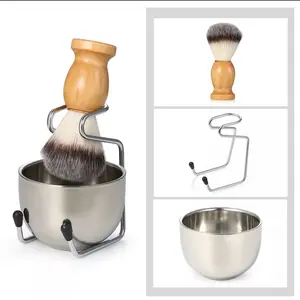 3PC Mens wet shaving set Shaving Brush & Bowl with Stand, Wood Handle Brush and Stainless Steel Mug, Gift for Father Husband Boyfriend Birthday Holidays
