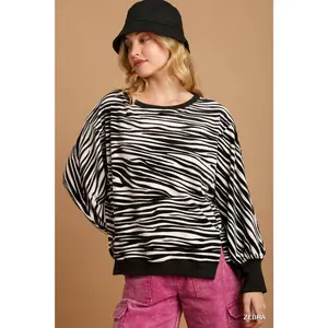 Umgee Zebra Striped Fleece Pullover Sweater Shirt
