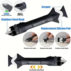 3-in-1 Caulking Tool Beauty Seam Adhesive Removal Metal Head -1 Set - Stainless Steel, Silicone, Plastic | Durable, Ergonomic | Sealing, Cleaning, Scraping Glue | Easy Use | 5 Types Of Beauty Horns