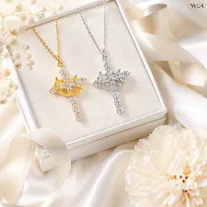 Crown Cross Necklace with Sparkling Cubic Zirconia, Religious Statement Jewelry for Men and Women, Adjustable Chain in Gold or Silver Tone