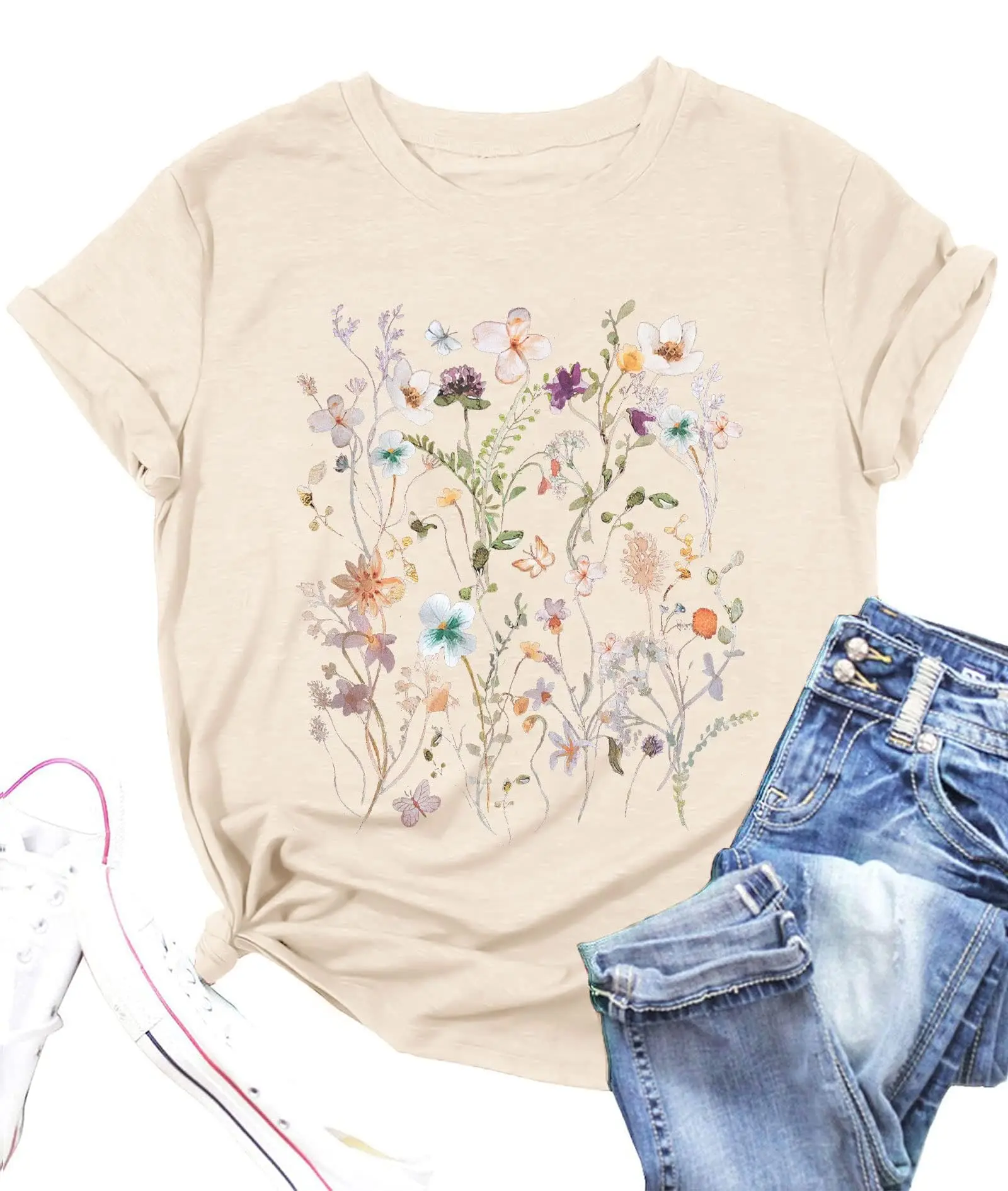 LOTUCY Women Boho Flower T Shirt Vintage Floral Graphic Shirt Botanical Tee Wildflowers Shirts Garden Lover Top Casual Womenswear Fitted Crewneck