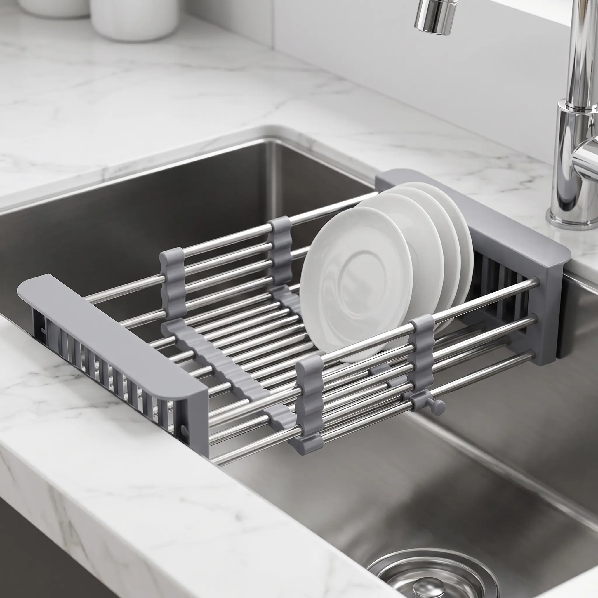 Adjustable Stainless Steel Dish Rack,Expandable Over Sink Rack for Fruits & Vegetables, Kitchen Supplies Stainless Steel Dish Drying Rack, Space Saving ,Kitchen Sink Organizer