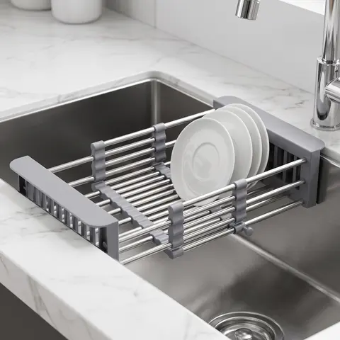 Adjustable Stainless Steel Dish Rack,Expandable Over Sink Rack for Fruits & Vegetables, Kitchen Supplies Stainless Steel Dish Drying Rack, Space Saving ,Kitchen Sink Organizer