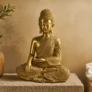 Buddha Gold Polystone Meditating Decorative Sculpture with Engraved Carvings and Relief Detailing