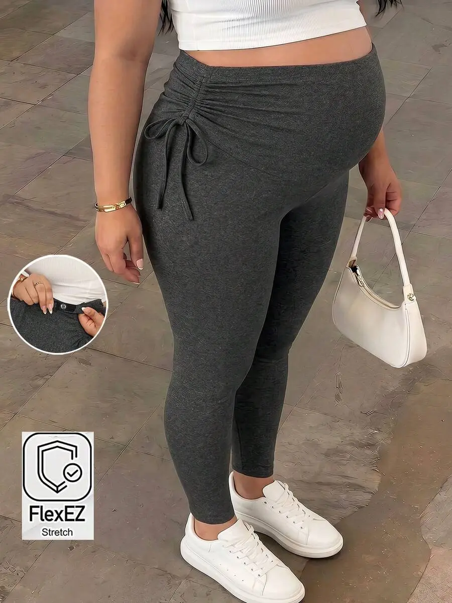 Plus Size Maternity Solid Color Adjustable Waist Drawstring Leggings Maternity Leggings Pregnancy Leggings Fall