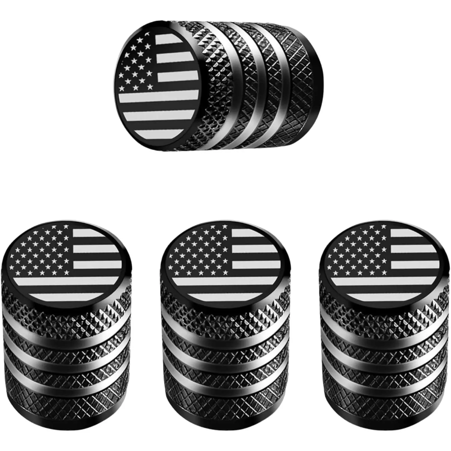 USA Flag Corrosion Resistant Lightweight Black Aluminum Anodized Tire Valve Stem Caps - 4 Pcs Convenient Packaging, Universal Fit for Cars, Trucks, Motorcycles