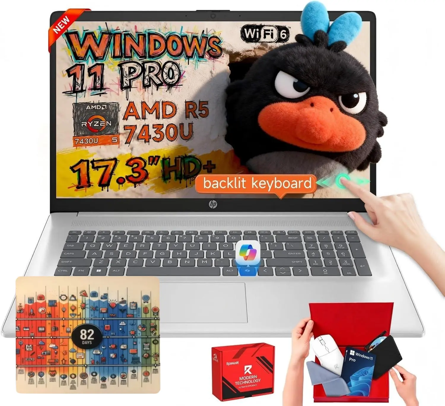 HP 17 Laptop Computer, 17.3" HD+ Touchscreen, AMD Ryzen 5-7430U, Up to 32GB RAM, Up to 2TB SSD, Windows 11 Pro, Backlit KB, Silver, Ideal for College & Home