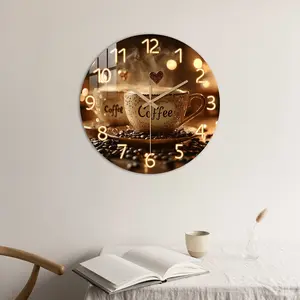 Acrylic Wall Clock, Fantasy Theme with Heart Pattern, Coffee Cup and Bean Design, Kitchen and Coffee Corner Decor, Battery Operated, Christmas Gift