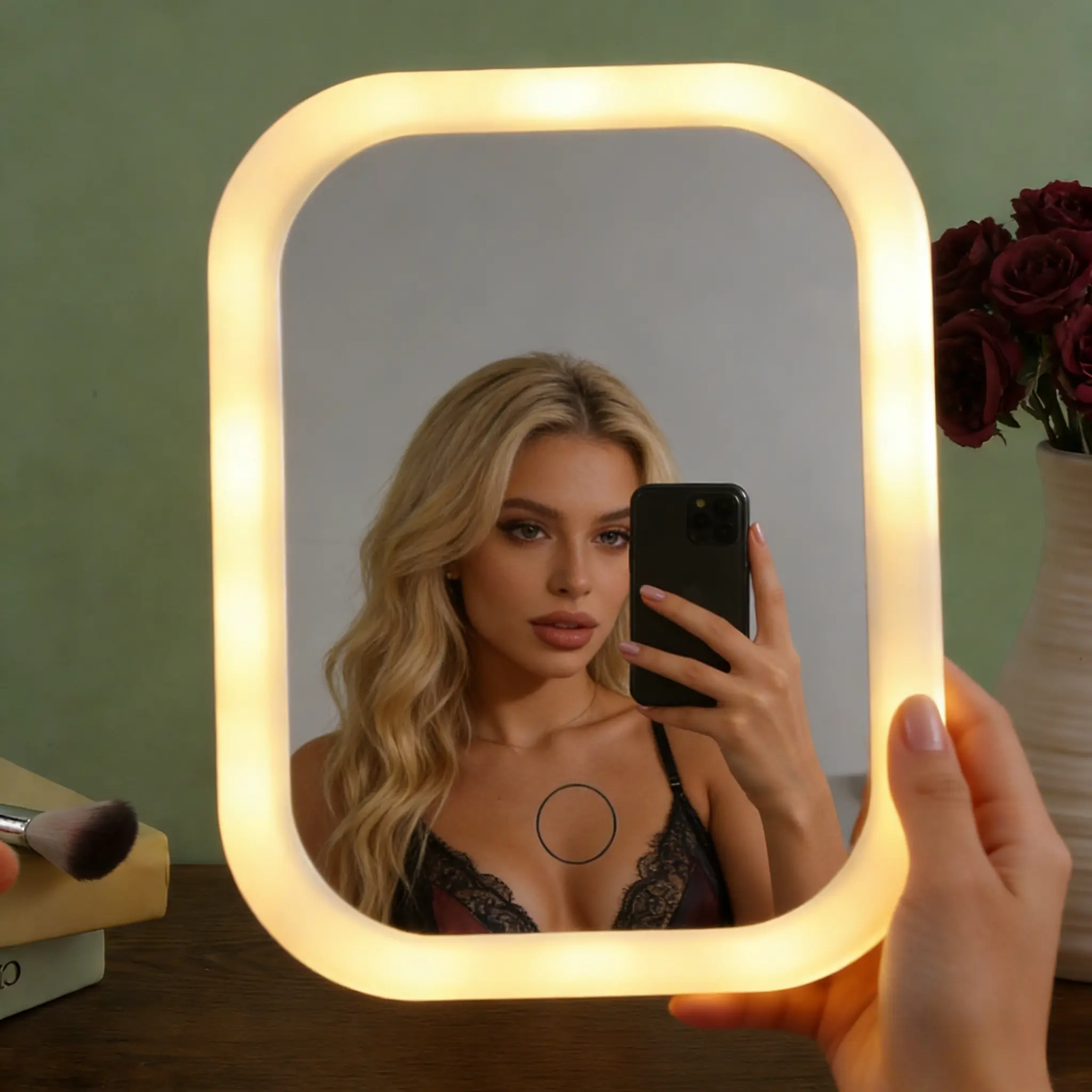 Foldable Travel Makeup Vanity Mirror - Unique Designer, 3-Color LED Backlight, Touch Control Dimming, Magnifying, Multi-Functional Mini On-the-Go Handheld Mirror, Sensitive Desktop Accessory for Bedroom, Room Decor, Backlight Handheld Mirrors