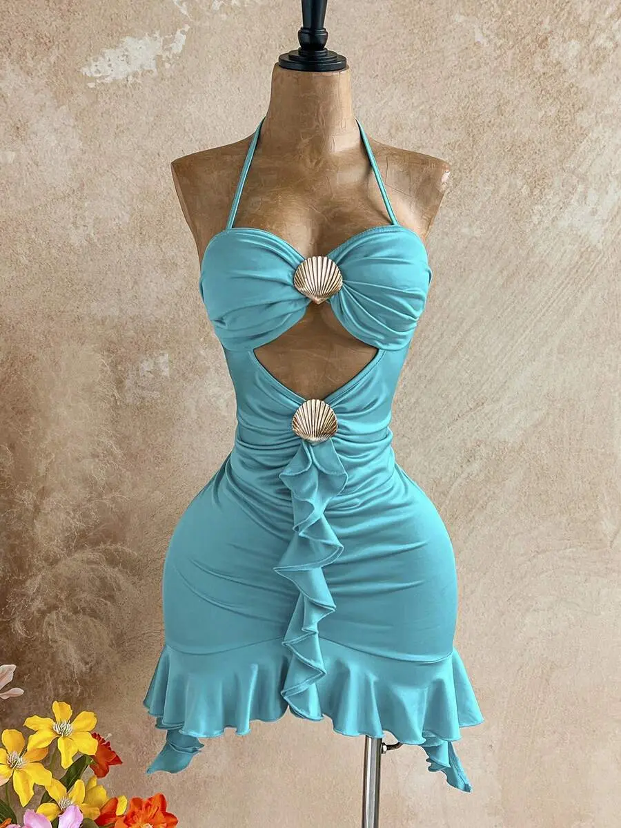 Halter Neck Tie Hollow Teal Casual Beach Holiday Vacation Mini Dress,Shell Decor Asymmetrical Ruffle Hem Party Nightclub Dress No Chest Padding