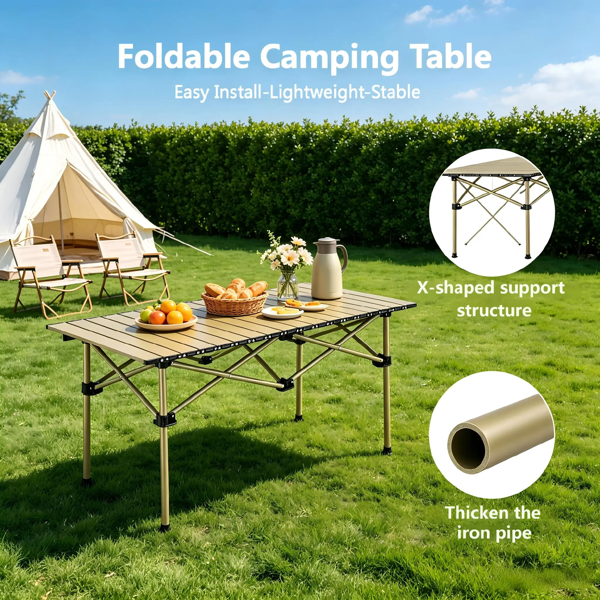 Foldable Camping Table, Outdoor Heavy-Duty Aluminum Roll-Up Table for Multiple People, Portable Multipurpose Desk for Camping, Picnic, Beach, BBQ, Party, Backyard, Patio, Outdoor & Indoor Use