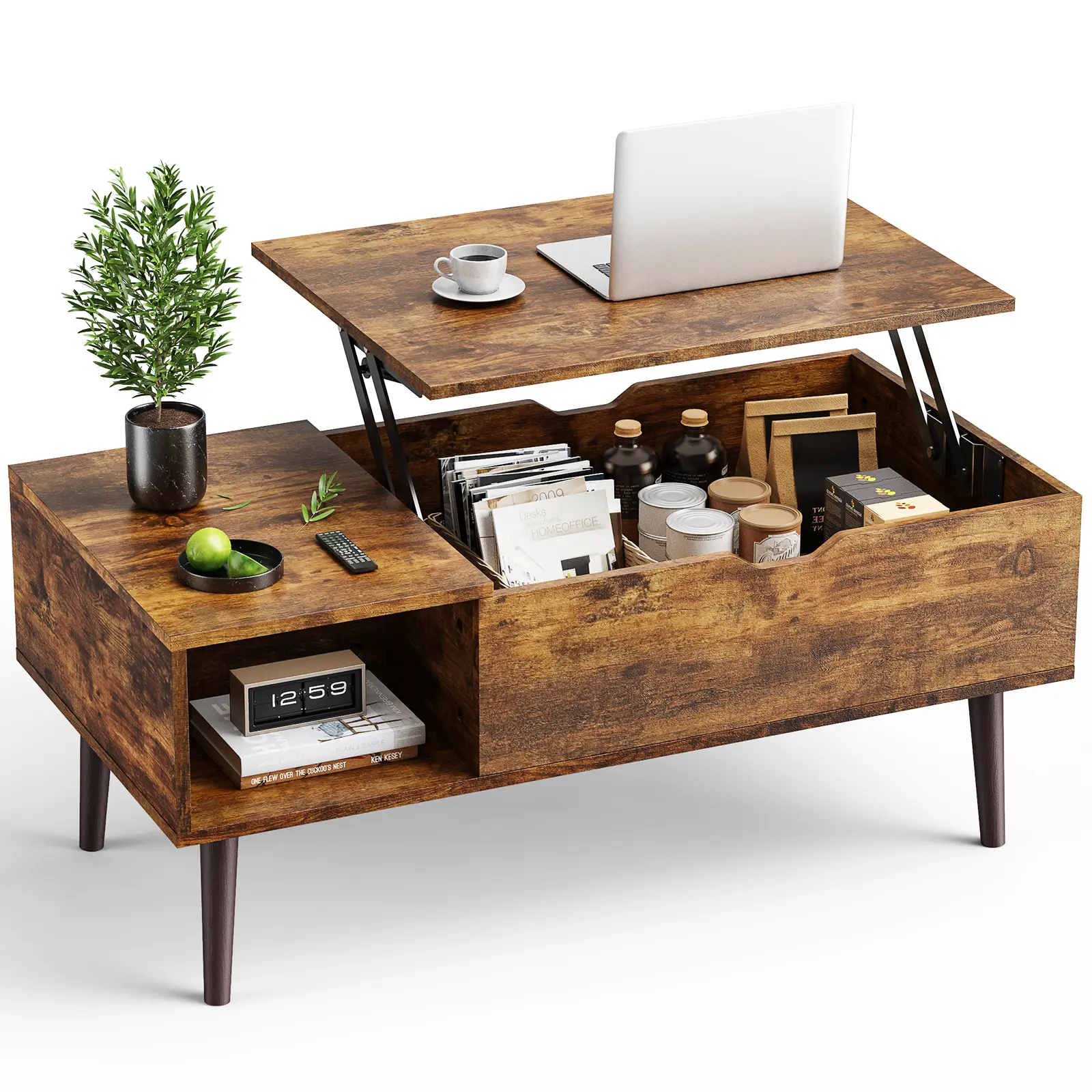 Sweetcrispy Lift Top Solid Wood Coffee Table - Height Adjustable Indoor Furniture, Simple Style Fits Decor Living Room Centerpiece with Storage Shelf and Hidden Storage for Dining Use
