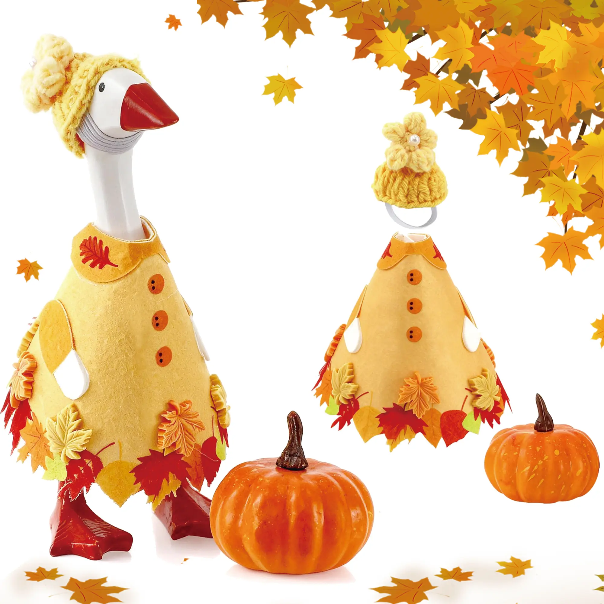 3Pcs Fall Outfit for 7-Inch Magnetic Desk Goose, Cute Felt Costume with Maple Leaf Details, Crochet Hat & Mini Pumpkin Accessory, Autumn Thanksgiving Desk Decor&Perfect Coworker Gift