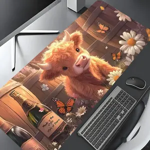 Cute Highland Cow Pattern Design Mouse Pad, Large Gaming Mouse Pad, Aesthetic Desktop Decoration Protective Pad, Non-slip Rubber Pad