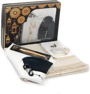 Prayer Gift Box for Hajj and Umrah - Muslim Prayer Rug with 99 & 33 Pearly Beads Tesbih, Yaseen Book, Miswak, Hijab & Islamic Deluxe Set for Ramadan & Eid