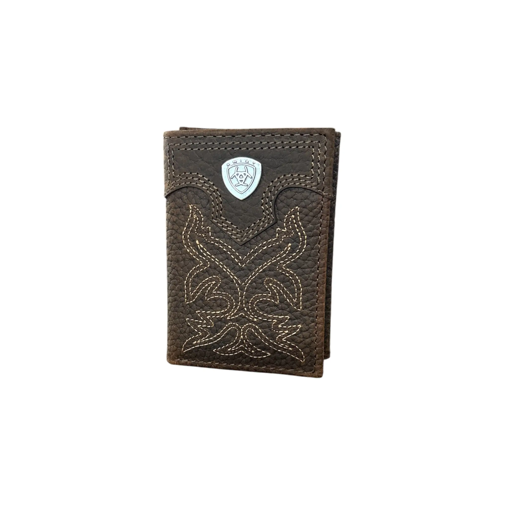 Ariat Men's Western Leather Stitch-Embroidered Trifold Textured Wallet - ID-Holding Cowboy-Style Masculine Western-Themed Accessory