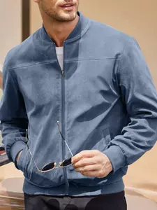 Men's Spring & Fall Pilot Jacket Coat, Casual Fitted Suede Velvet Zipper Stand Collar Top, Large Size Street Style Long Sleeves Outerwear