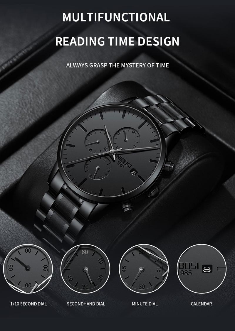 【Clearance sale】NIBOSI Men's Watches Analog Minimalist Black Dial Watches for Men Business Chronograph Military Casual Wrist Watches Stainless Steel Strap Date