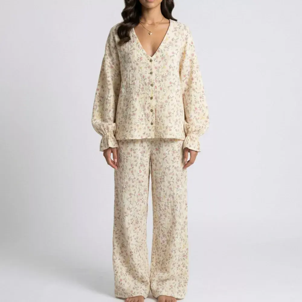 Anna-Kaci Lounge Women's Floral Print Woven Pajama Set with V-Neck Button Down Top and Wide Leg Elastic Waist Pants - Small Light Beige, Loungewear, Apparel, Garment, Lightweight