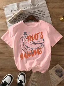 Women's Banana & Letter Print Round Neck Tee, Fashion Casual Crew Neck T-shirt for Daily Holiday Vacation Outdoor Wear, Ladies Clothes for Summer, Top