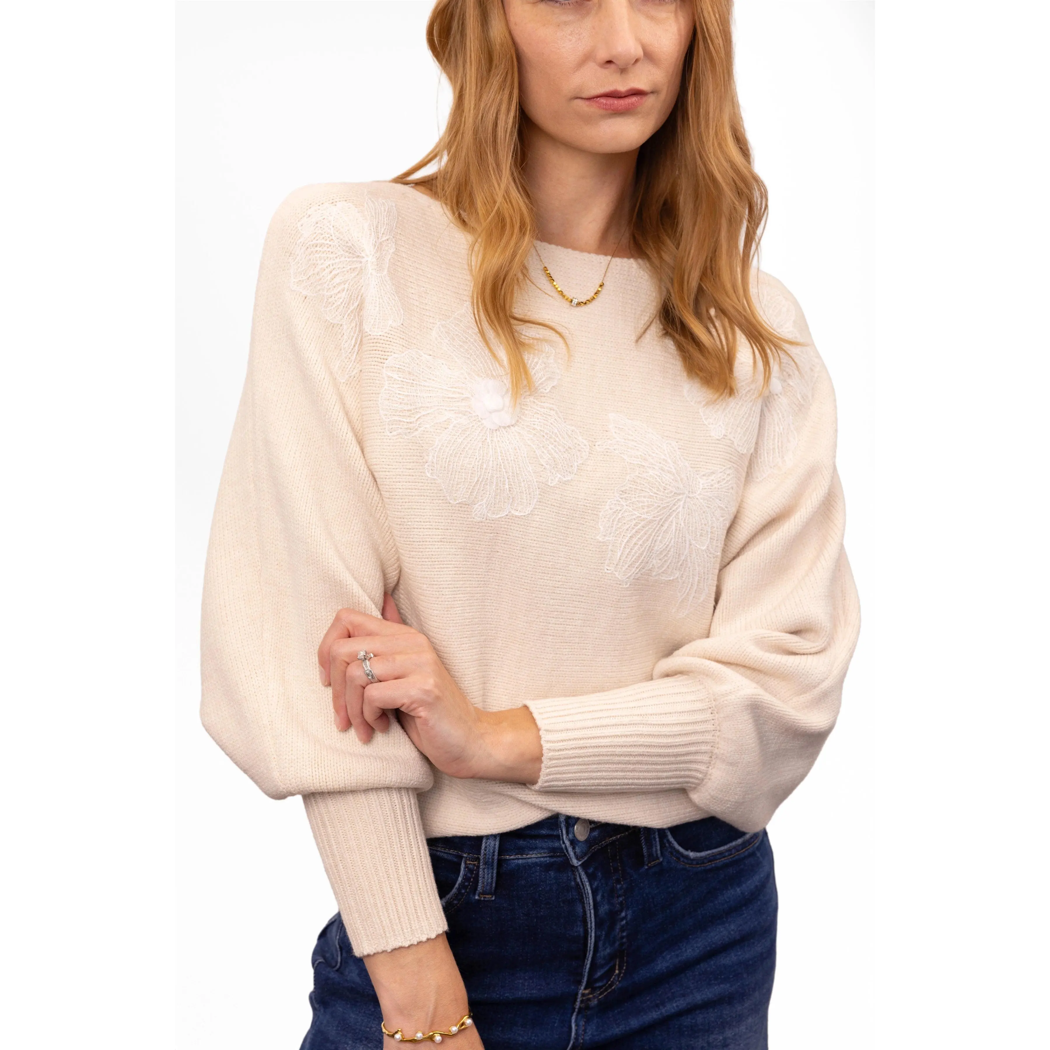 ALB Women's Comfy Knitwear Floral Stitch Dolman Sweater - Custom Fabric, Everyday Day Wear *Final Sale*, Ribbed, Casual, Tops, Lady, Long Sleeve, Floral Print, Basic, Casual Wear, 2Xl