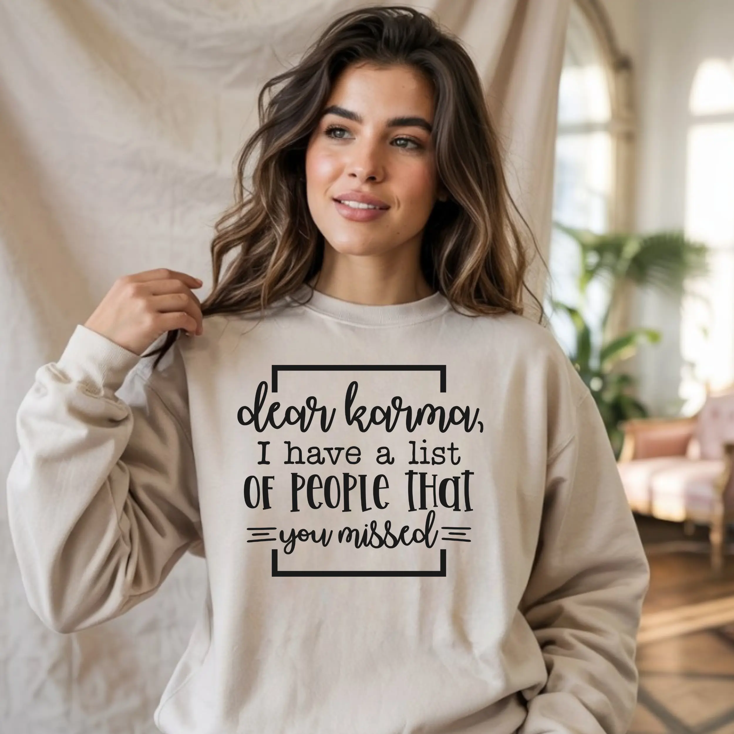 Menswear 'Dear Karma' Graphic Sweatshirt with Handwritten Text, Classic Round Neck Cotton Top, Tubular Knit with Double-Stitch Seams, Lightweight, Simple, Casual
